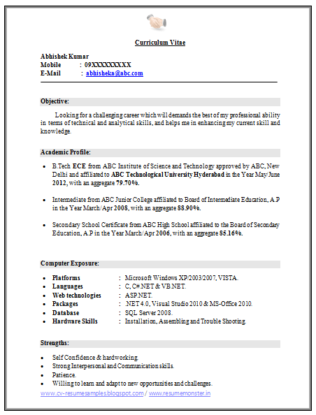 Fresher electrical engineering resume format